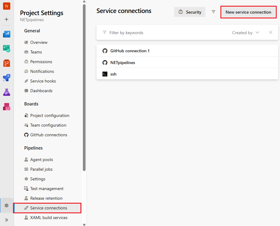 Captura de pantalla de la selección de conexiones del servicio de canalización en Configuración del proyecto.