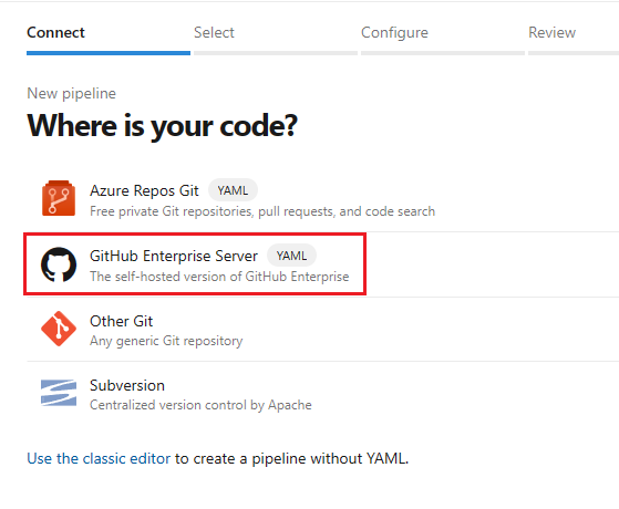Captura de pantalla de la selección de GitHub como ubicación de su código.