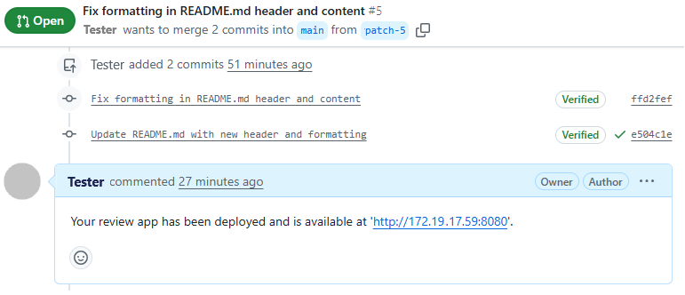 Captura de pantalla que muestra el comentario de la aplicación Review en GitHub.