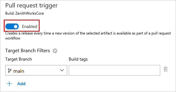 Captura de pantalla que muestra cómo habilitar desencadenadores para pull request en las canalizaciones de lanzamiento de Classic.