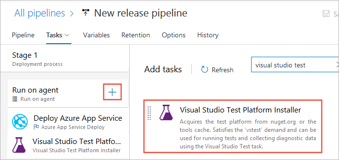 Añadir una tarea de instalador de plataforma de prueba de Visual&nbsp;Studio