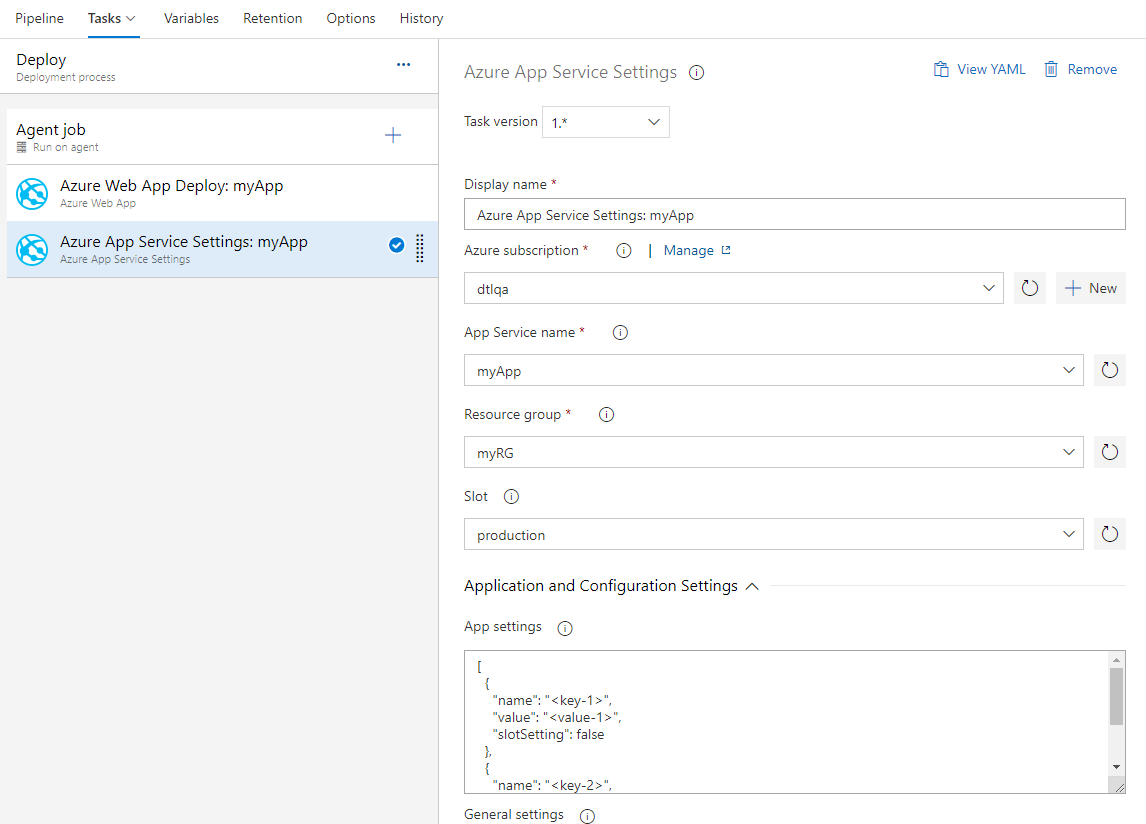 Nueva tarea para configurar la configuración de la aplicación de Azure App Service.