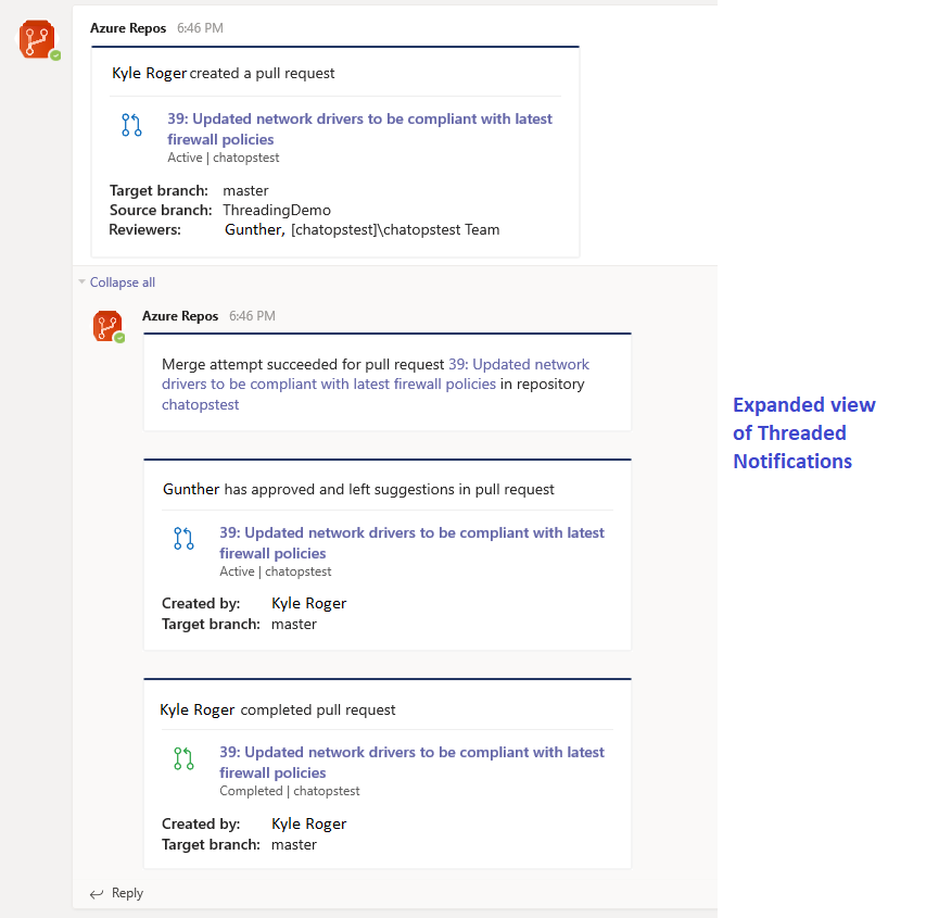 Notificaciones relacionadas con la solicitud de incorporación de cambios agrupadas en la aplicación Azure Repos.