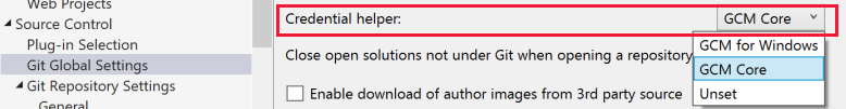 Captura de pantalla de la configuración del asistente de credenciales en el cuadro de diálogo Opciones de Visual Studio.