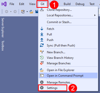 Captura de pantalla de la opción Configuración en la barra de menús de Visual Studio.