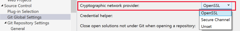 Captura de pantalla de la configuración del proveedor de red criptográfico con OpenSSL seleccionado en Visual Studio.