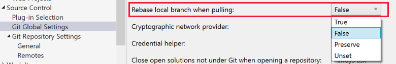 Captura de pantalla de la configuración de rebase en Configuración global de Git en el cuadro de diálogo Opciones de Visual Studio.