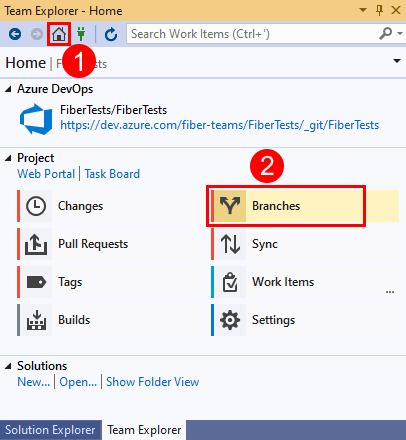 Captura de pantalla de la opción Ramas en Team Explorer en Visual&nbsp;Studio&nbsp;2019