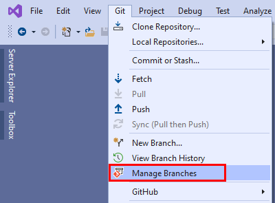Captura de pantalla de la opción Administrar ramas en el menú Git de Visual Studio 2019.