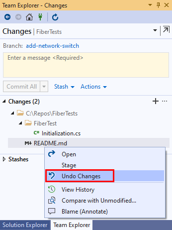 Captura de pantalla de las opciones del menú contextual para archivos cambiados en Team Explorer en Visual&nbsp;Studio&nbsp;2019