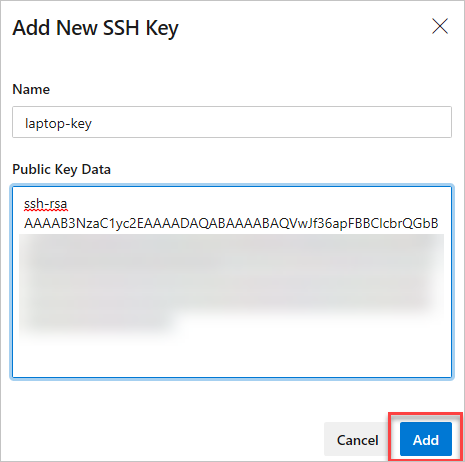 Screenshot que muestra la configuración de una clave pública en Azure DevOps.