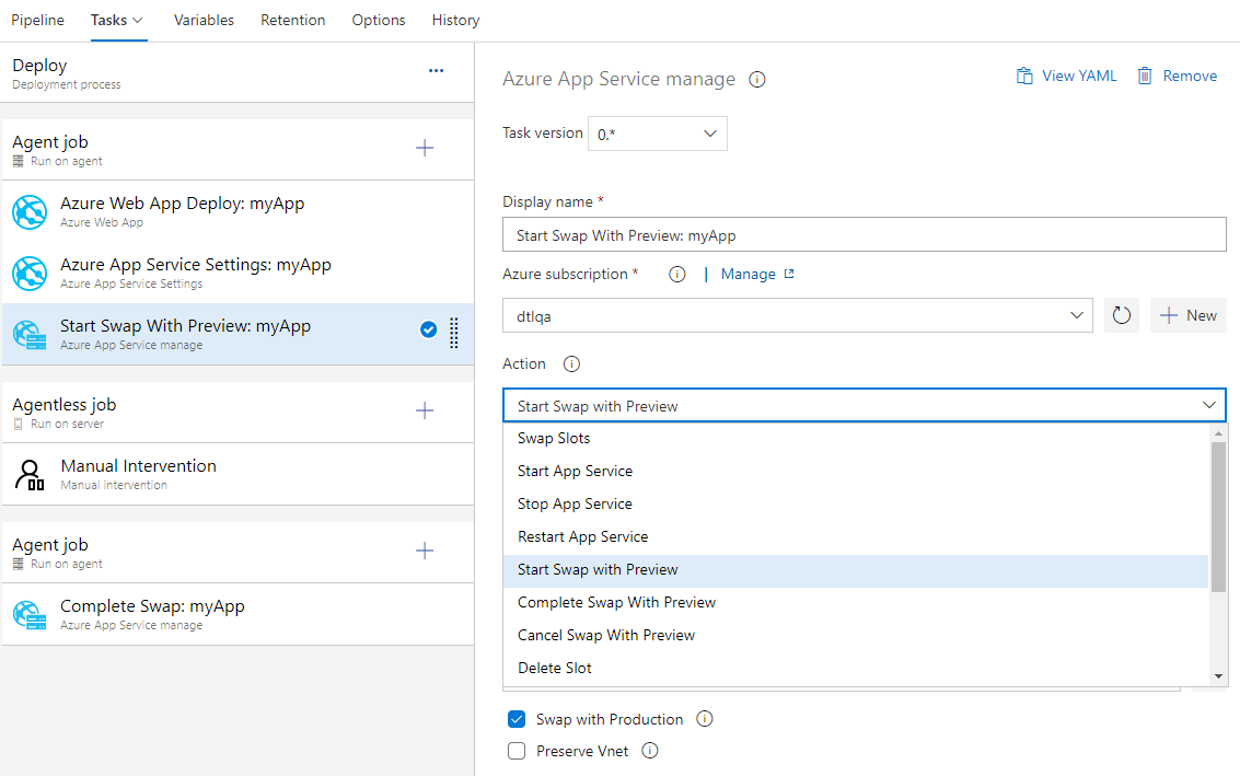 Captura de pantalla que muestra el cuadro de diálogo Administrar de Azure App Service con la nueva configuración de intercambio de varias fases en la lista desplegable Acción.