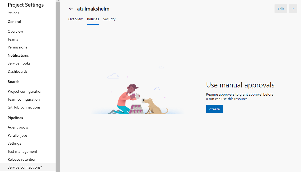 Captura de pantalla que muestra la pestaña Directivas con la página Usar aprobaciones manuales y la opción Crear visible.