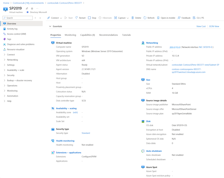 Captura de pantalla que muestra las acciones disponibles para la máquina virtual del entorno seleccionado.