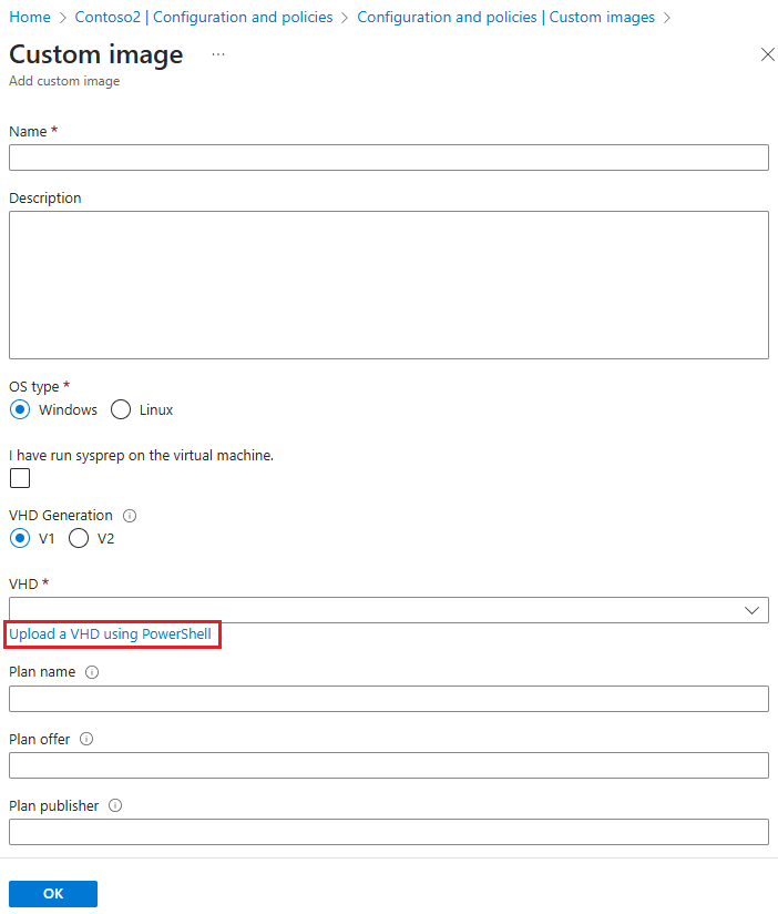 Captura de pantalla que muestra la configuración para cargar un disco duro virtual mediante PowerShell en el panel Imagen personalizada.