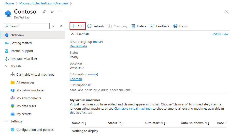 Recorte de pantalla de una página de información general del laboratorio con la opción Agregar resaltada.