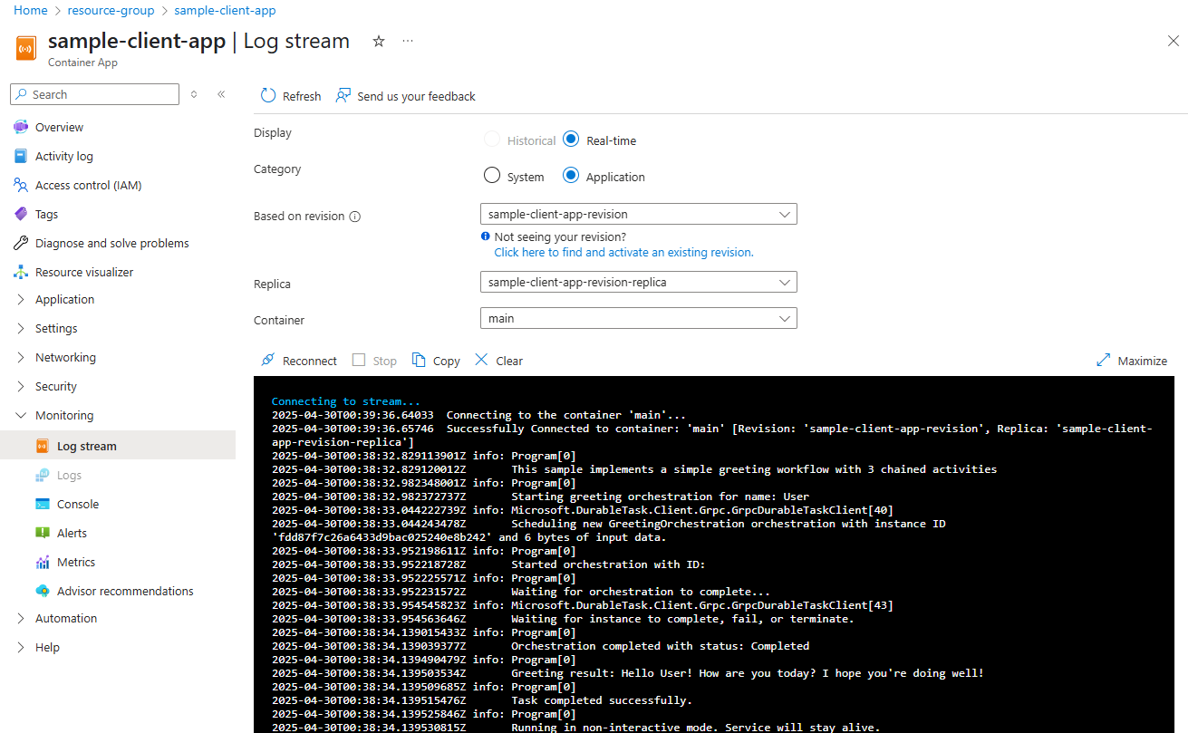 Captura de pantalla del flujo de registro del contenedor de cliente en Azure Portal.