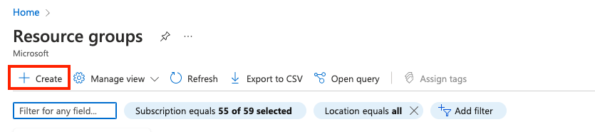 Captura de pantalla que muestra Crear resaltado en la vista de lista Grupos de recursos.