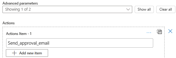 Captura de pantalla que muestra el cuadro -1 elemento de acciones y el nombre JSON de la acción.