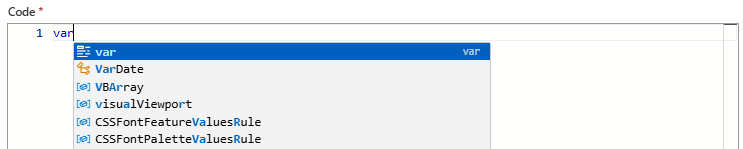 Captura de pantalla que muestra el flujo de trabajo de consumo, la acción Ejecutar código JavaScript y la lista autocompletar de palabras clave.