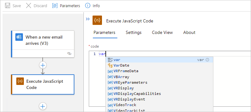 Captura de pantalla que muestra el flujo de trabajo estándar, la acción Ejecutar código JavaScript y la lista de autocompletar de palabras clave.