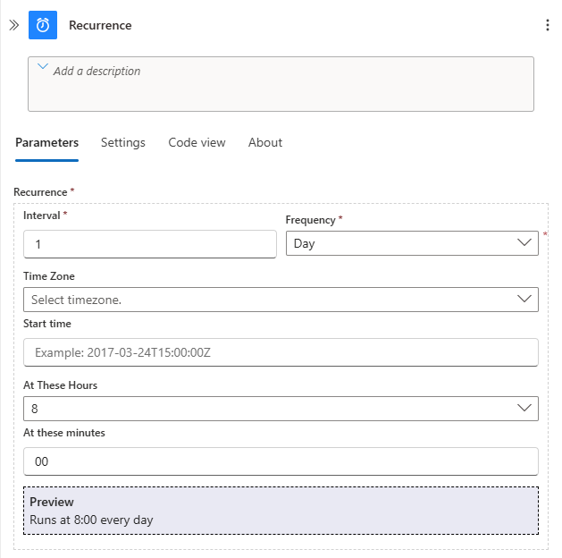 Recorte de pantalla que muestra Azure Portal y el diseñador de flujos de trabajo con parámetros de desencadenador de Periodicidad configurados.