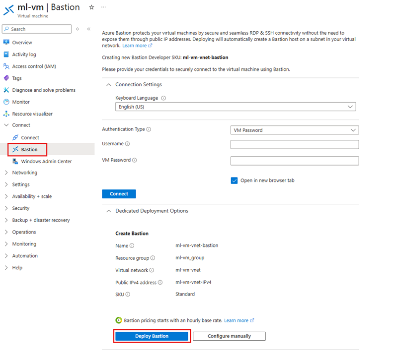 Captura de pantalla de la opción de Implementar Bastion.