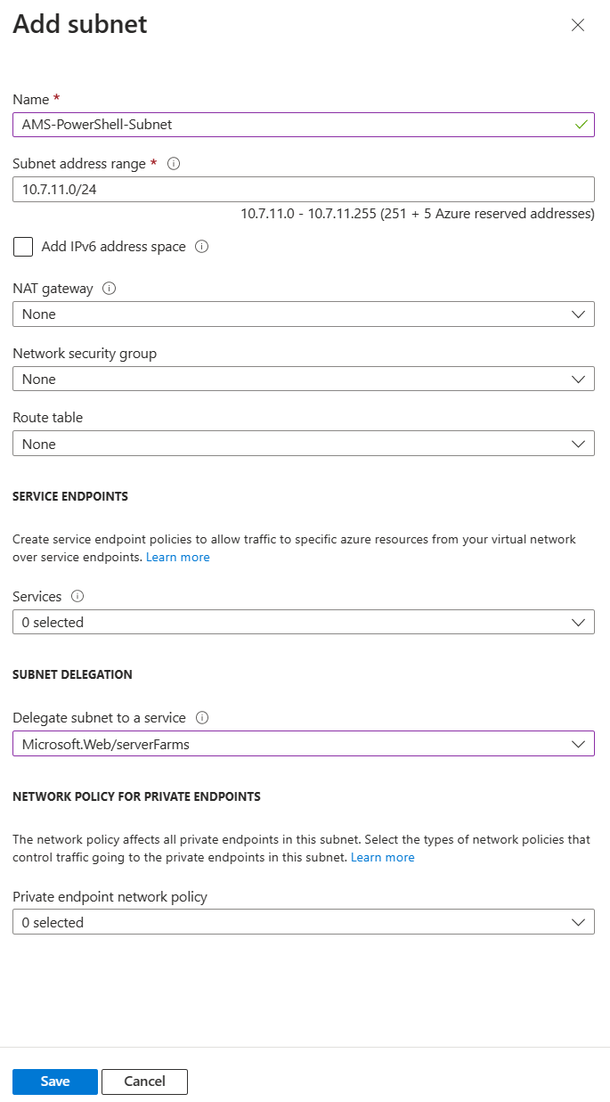 Captura de pantalla que muestra la creación de subredes para Azure&nbsp;Monitor para soluciones de SAP.