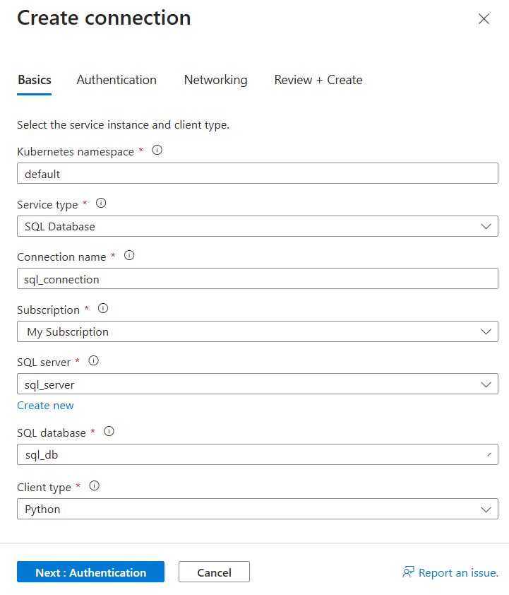 Captura de pantalla de Azure Portal en la que se muestra el formulario para crear una nueva conexión a una base de datos SQL en AKS.