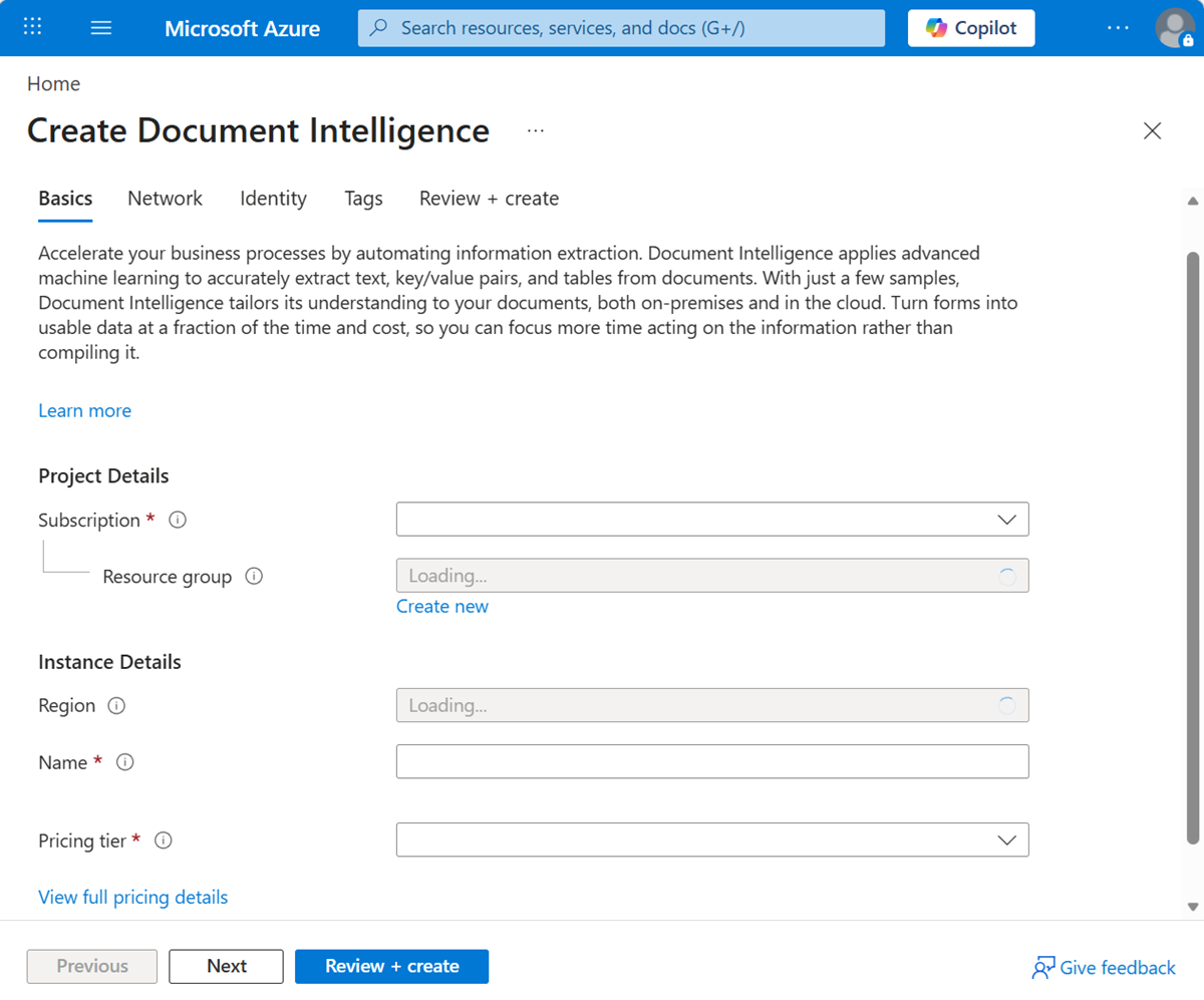 Captura de pantalla que muestra la Inteligencia de Documentos en el portal, con el botón Crear.