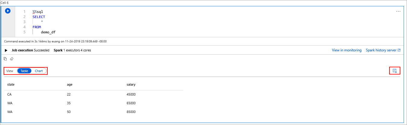 Salida de consulta en Azure Synapse Spark