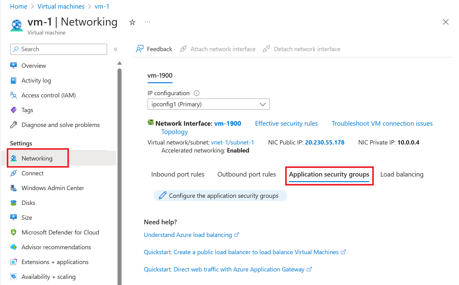 Captura de pantalla que muestra cómo configurar grupos de seguridad de aplicaciones.