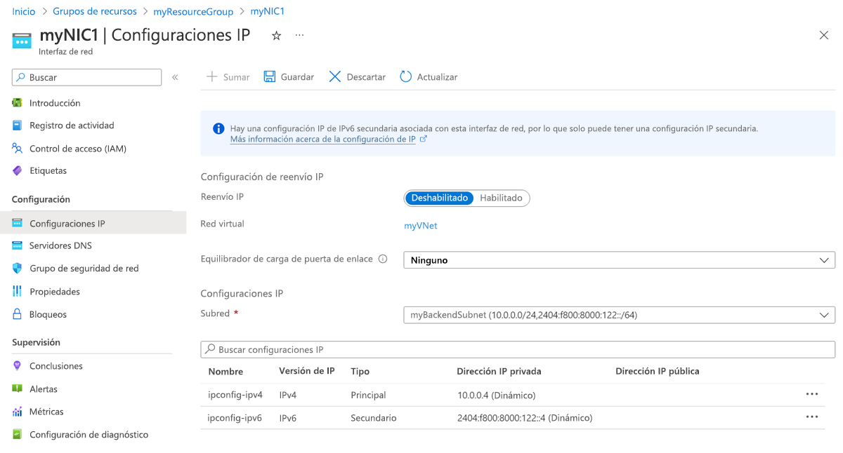 Recorte de pantalla de las configuraciones de IP de la interfaz de red.