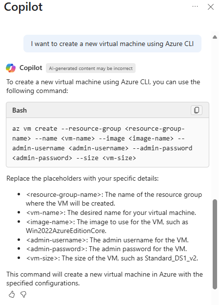 <Captura de pantalla de Copilot en Azure que proporciona un script de la CLI de Azure para crear una máquina virtual.>