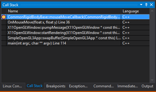 La ventana Pila de llamadas de Visual Studio, que muestra la pila de llamadas de Linux.