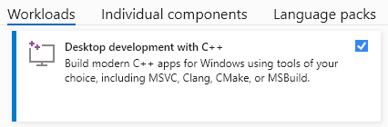 Captura de pantalla del Instalador de Visual Studio con la pestaña Cargas de trabajo seleccionada. El desarrollo de escritorio con c++ está seleccionado.