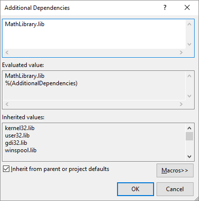 Captura de pantalla del cuadro de diálogo Dependencias adicionales que muestra el archivo MathLibrary.lib.