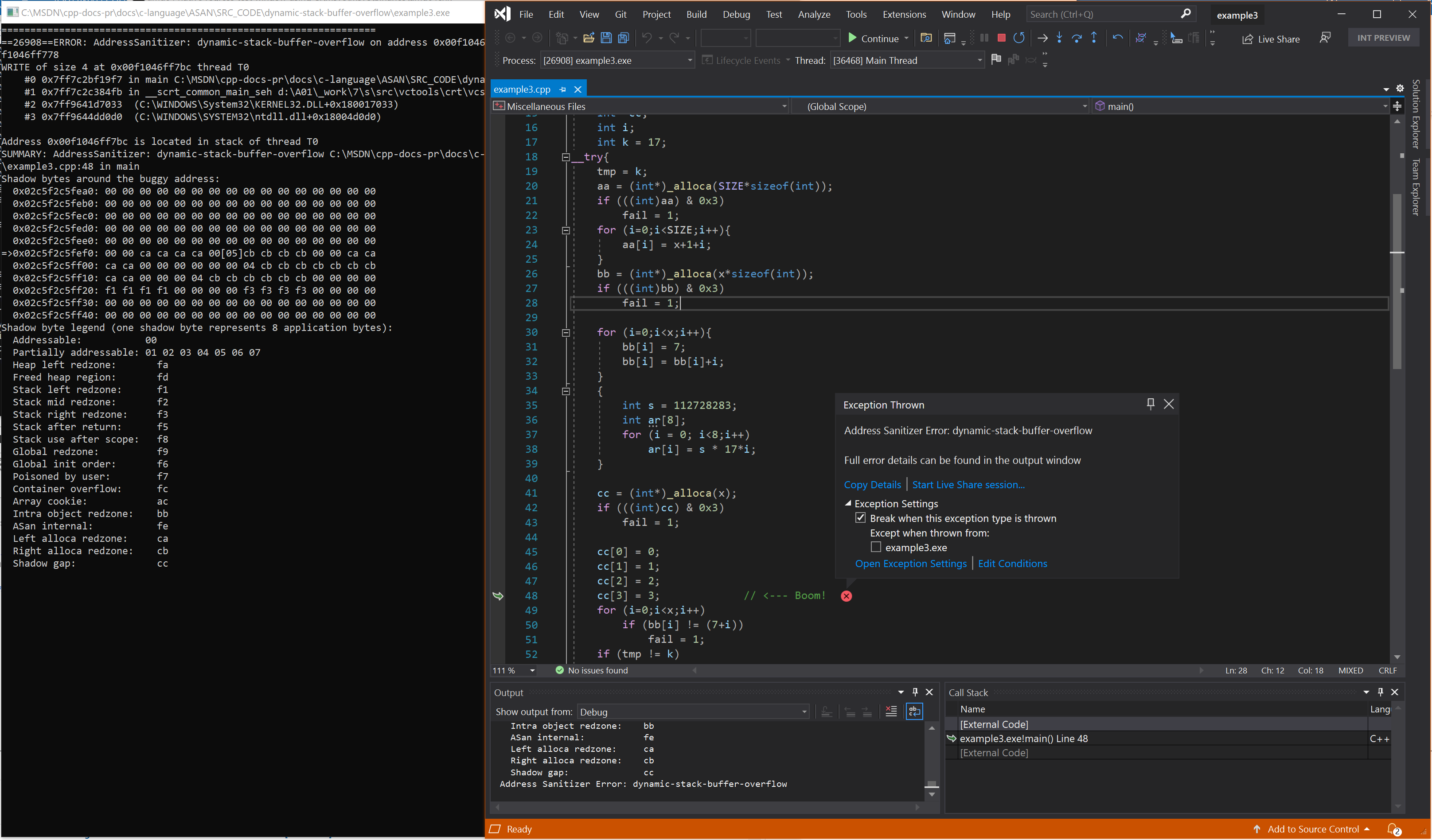 Captura de pantalla del depurador, donde se muestra el error dynamic-stack-buffer-overflow del ejemplo&nbsp;3.