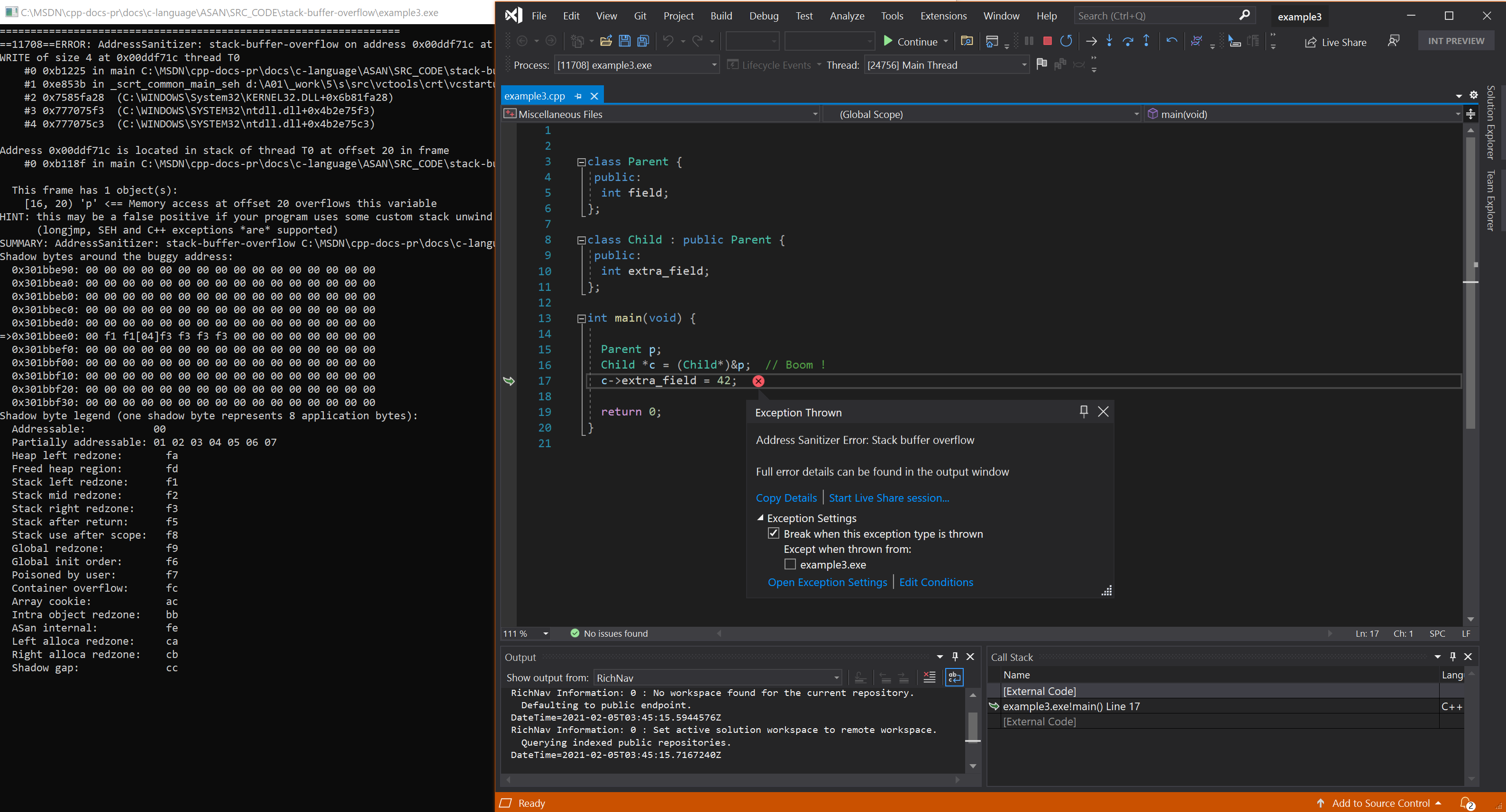 Captura de pantalla del depurador, donde se muestra el error stack-buffer-overflow en el ejemplo&nbsp;3.