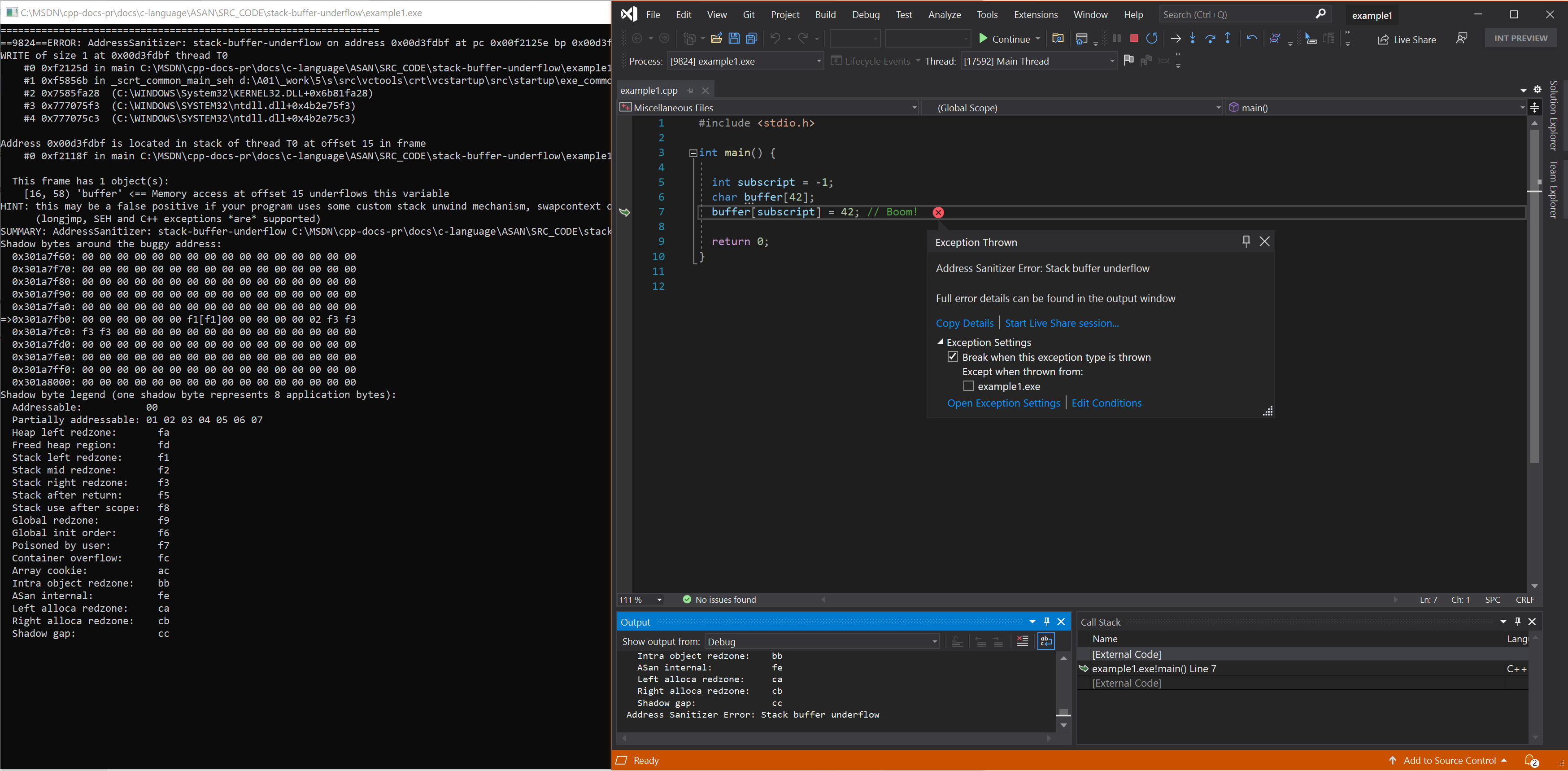 Captura de pantalla del depurador, donde se muestra el error stack-buffer-overflow en el ejemplo&nbsp;1.