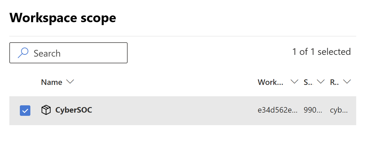 Captura de pantalla de la selección de un ámbito de área de trabajo de Microsoft Sentinel.