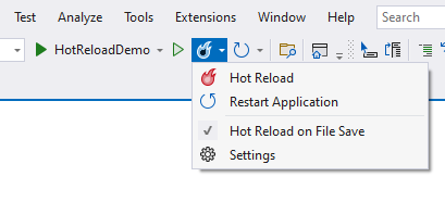 Visual Studio&nbsp;2022: elemento de menú de Recarga activa con opciones expandidas.