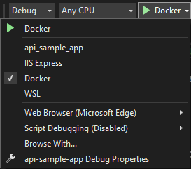 Opciones de ejecución de Docker de Visual Studio