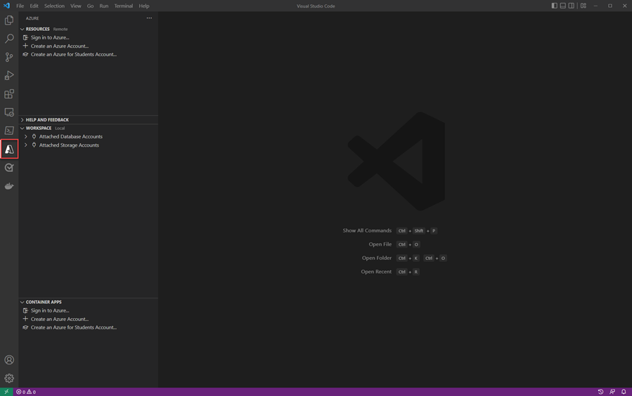Captura de pantalla de Visual Studio Code en la que se muestra cómo iniciar sesión en las herramientas de Azure.