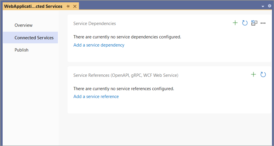Pestaña Servicios conectados de Visual Studio para .NET Core