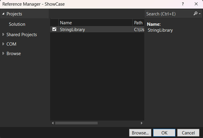 Cuadro de diálogo Administrador de referencias con StringLibrary seleccionado