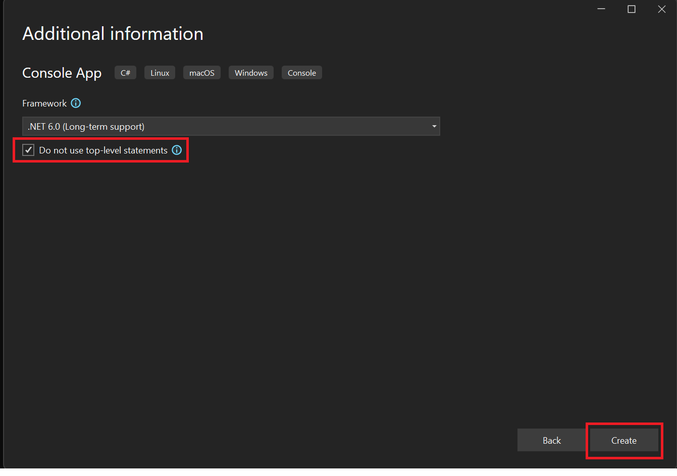 Visual Studio no utiliza la casilla de verificación de instrucciones de nivel superior