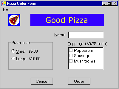 El formulario de pedido de pizza con un cuadro de texto para el nombre y la selección de tamaño e ingredientes.