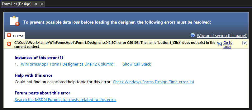 Pestaña de error del diseñador en Visual Studio que indica que falta el evento de un botón.