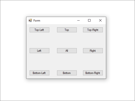 Animación que muestra cómo se cambia el tamaño de un formulario Windows Forms con botones anclados en todas las posiciones.